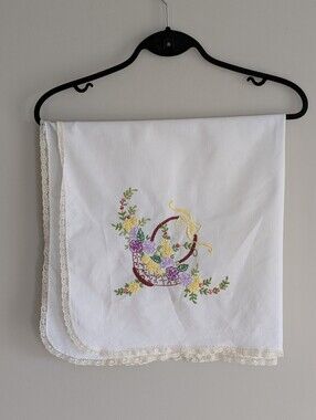 Vintage hand-embroidered floral basket tea tablecloth table topper 32"x32"